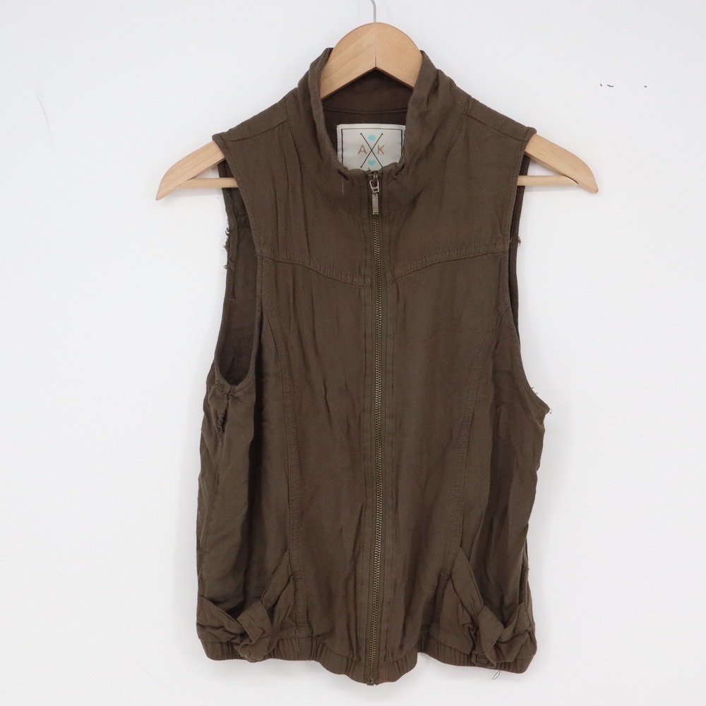 Angel Kiss Vest Womens Medium Utility Full Zip Brown Mock Neck Pockets Excellent